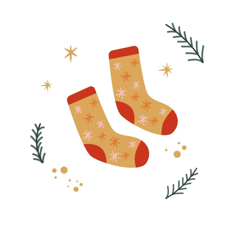 acogedores calcetines cálidos de invierno con copos de nieve. ilustración de navidad y feliz año nuevo. calcetines dibujados a mano de invierno vectorial. vector