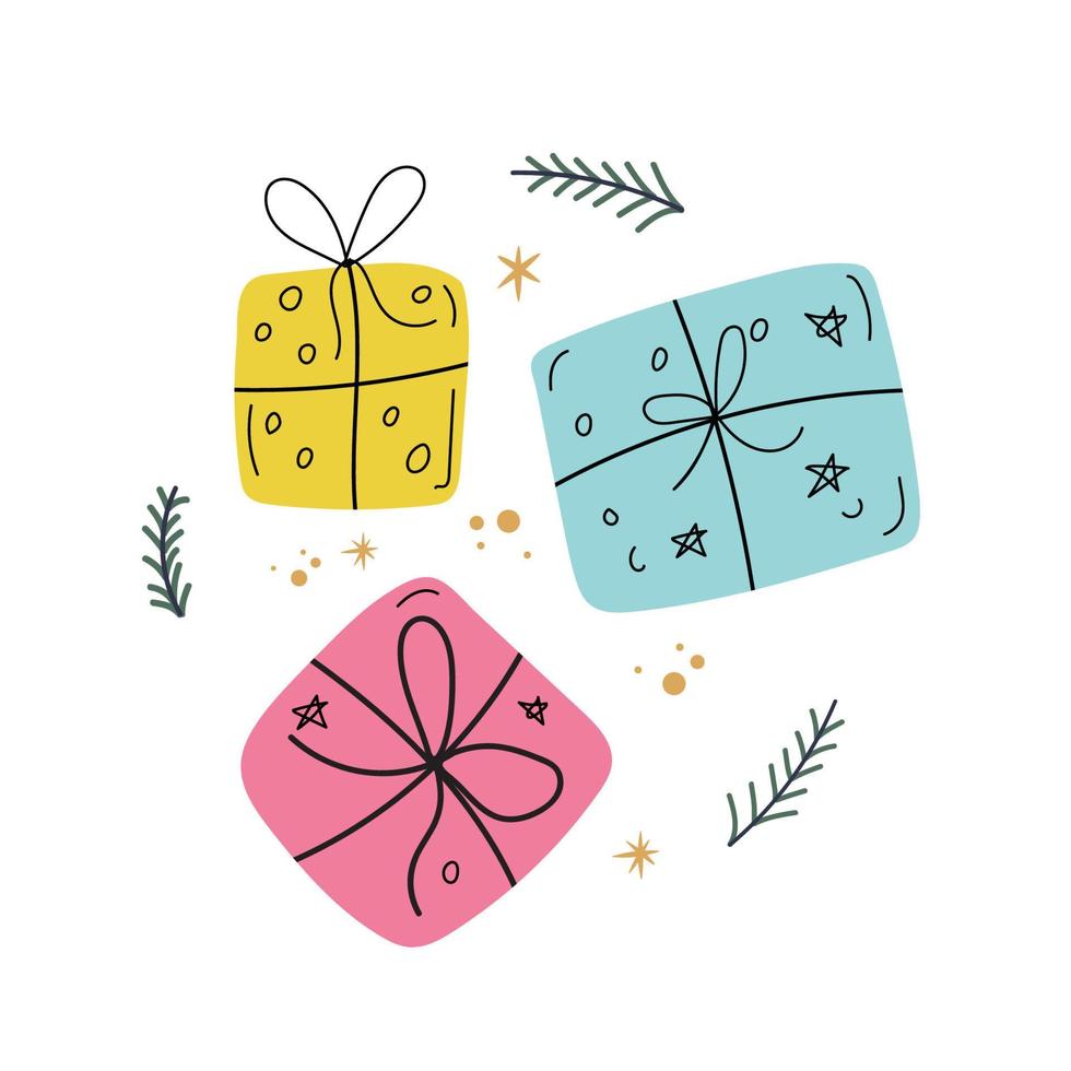 Conjunto de imágenes prediseñadas de cajas de regalo de Navidad. acogedora ilustración de invierno en estilo doodle. vector