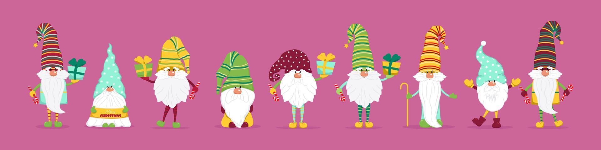 A large set of Christmas gnomes. Cute fairy tale characters with gifts and sweets. Vector illustration in flat style.