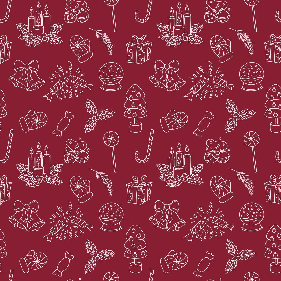 Christmas doodles pattern. Vector seamless background with outline hand drawn Christmas holiday elements. Xmas design objects. Doodle repeat illustration