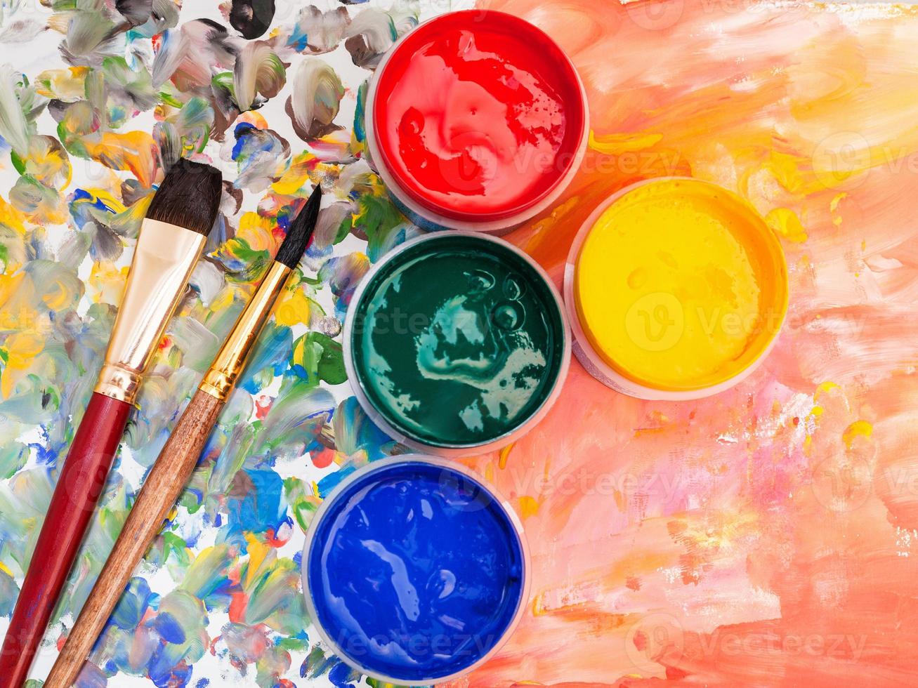 art still life - watercolor palette, paint brushes photo