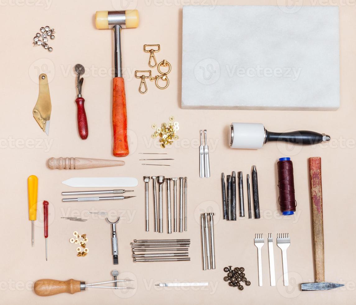 above view set of various leathercraft instruments photo