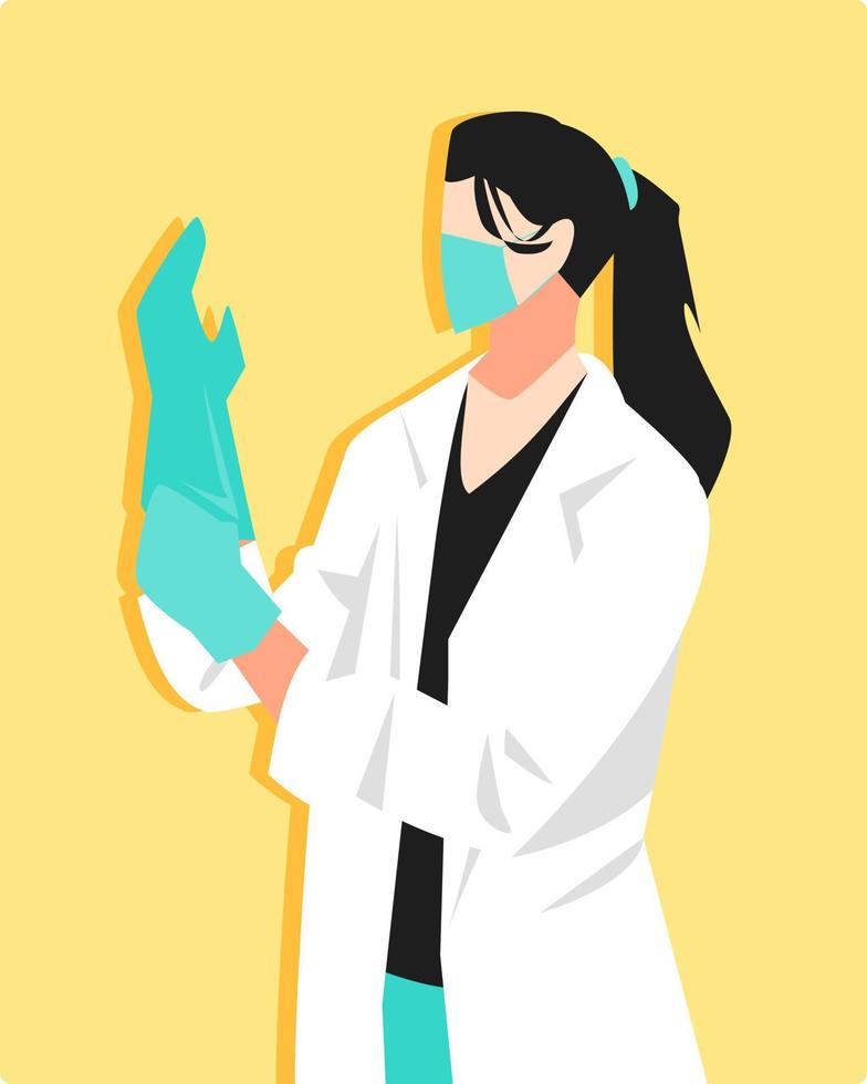 ilustración de una doctora con guantes. usar máscaras, batas de laboratorio. concepto de hospital, cirugía, profesión, preparación. estilo de vector plano