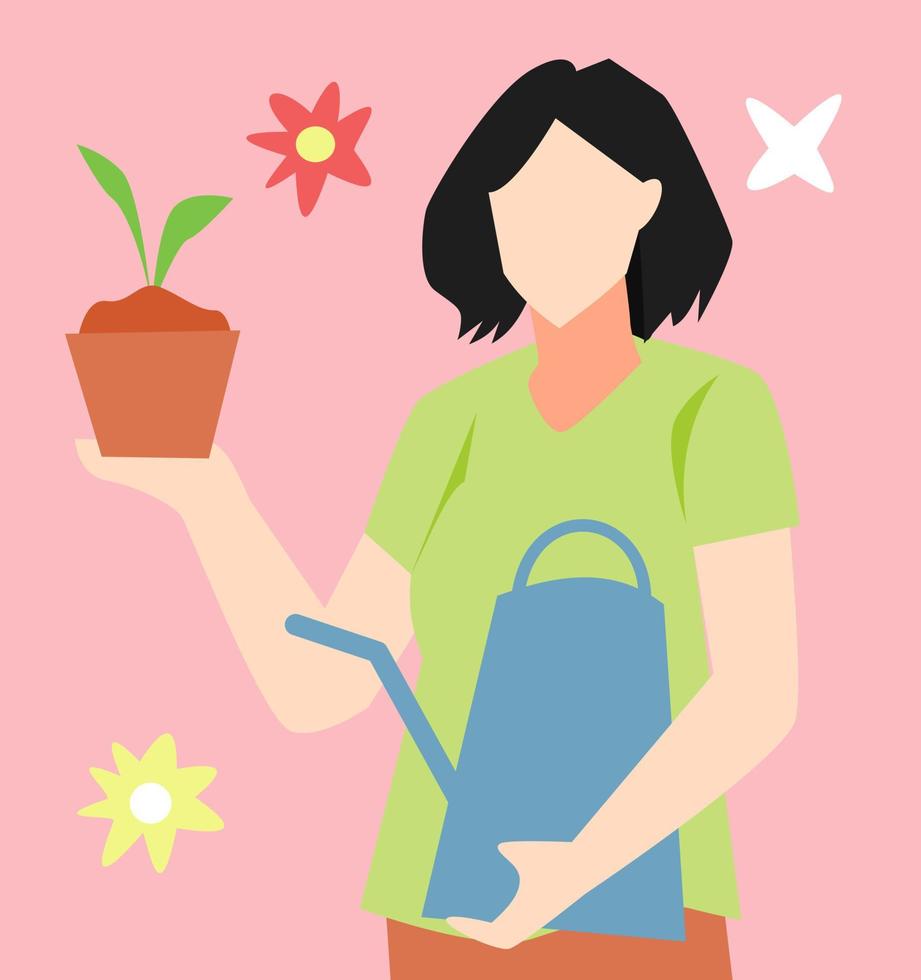 ilustración de una adolescente de pelo corto sosteniendo una planta y una regadera. equipado con icono de flor. concepto de ecologización, plantación, plantas, oxígeno, etc. vector plano