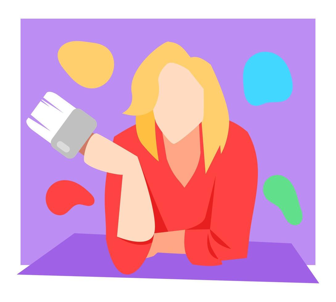 illustration of a blonde girl holding a brush, thinking about finding a suitable color for painting. colorful. renovation concept, hobby, beauty, home, painting etc. flat vector