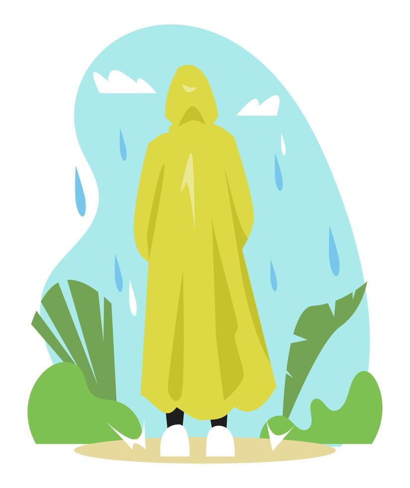 ilustración de personas que usan impermeables. vista trasera. lluvia. fondo al aire libre, hierba, hojas. adecuado para el tema de la temporada de lluvias, el clima, la ropa, etc. vector plano