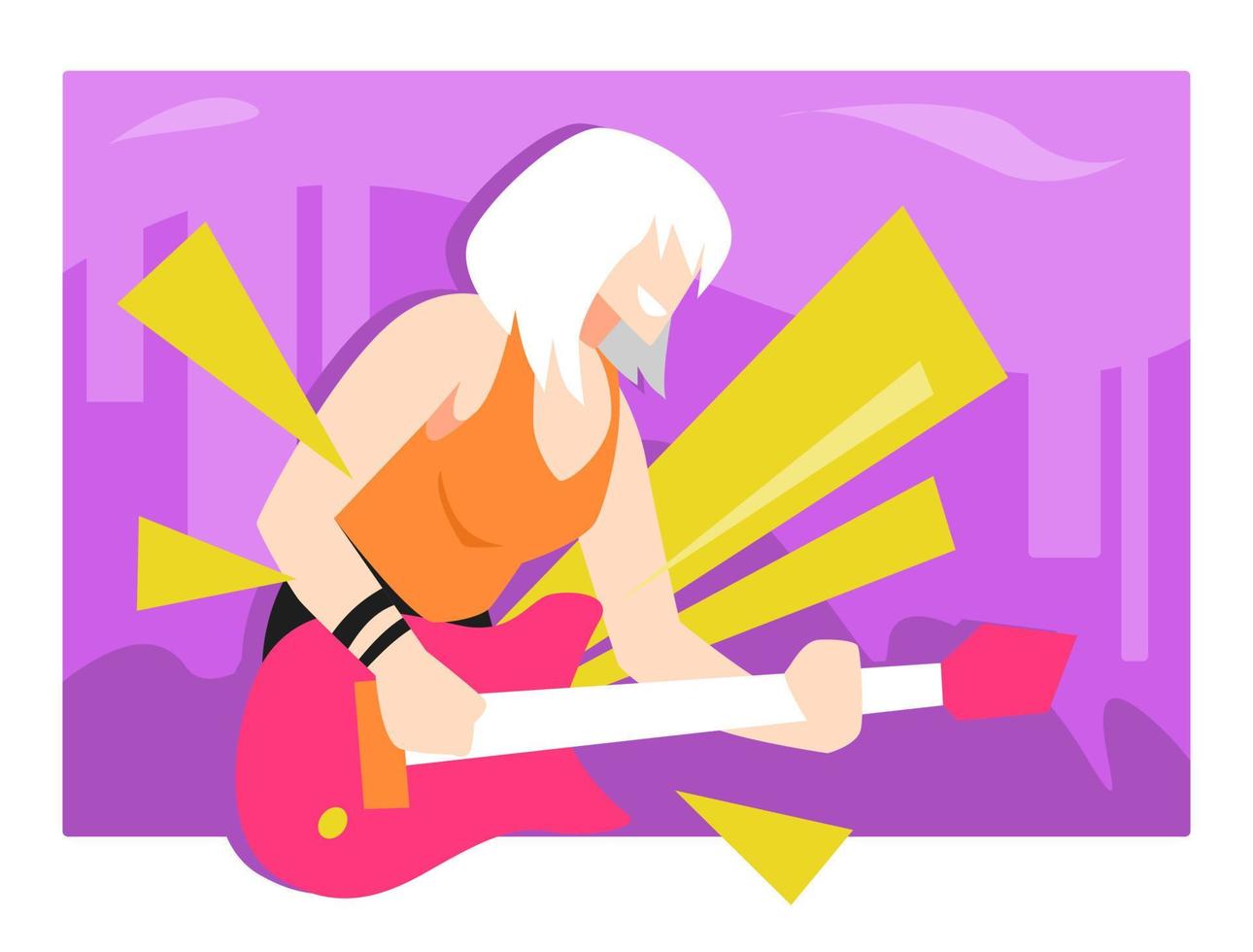 ilustración de una guitarrista o bajista con el pelo corto actuando. fondo morado, escenario. adecuado para conciertos temáticos, bandas, música, rock, estrellas, cantantes, tecnología, etc. estilo vectorial plano vector