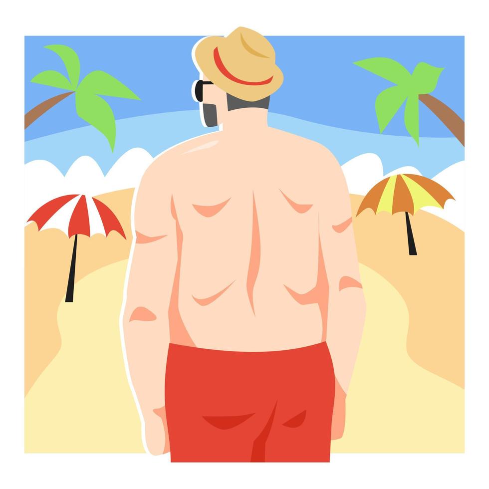 vista posterior de la ilustración de un hombre de mediana edad. caminar en la playa. sombrero de playa para hombre. Paja. fondo de arena, mar, paraguas, cocotero. adecuado para el tema del verano, vacaciones, viajes, etc. vector plano