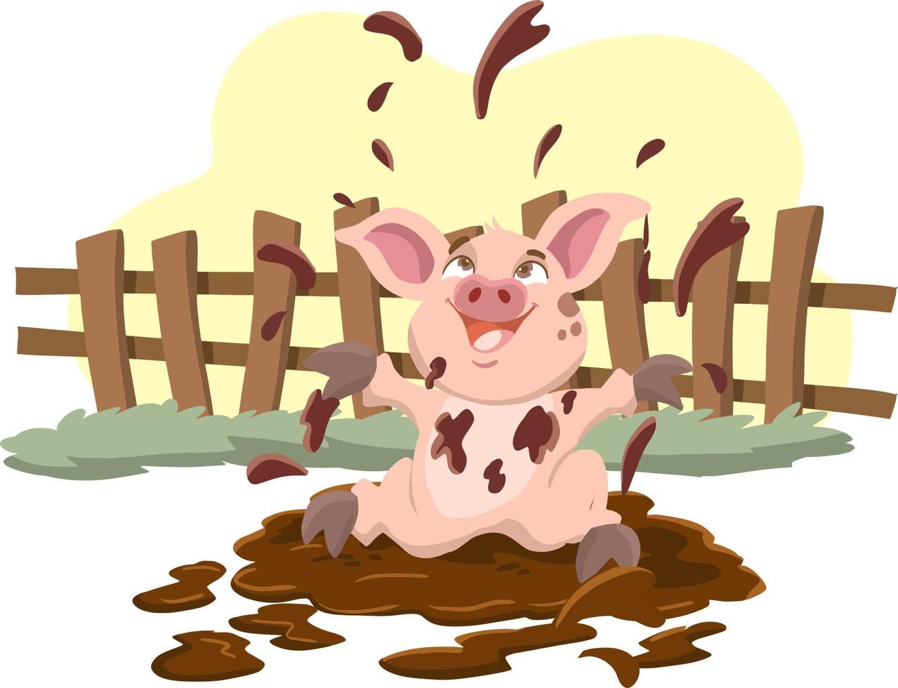 PrintCartoon pig playing a mud puddle in the farm vector