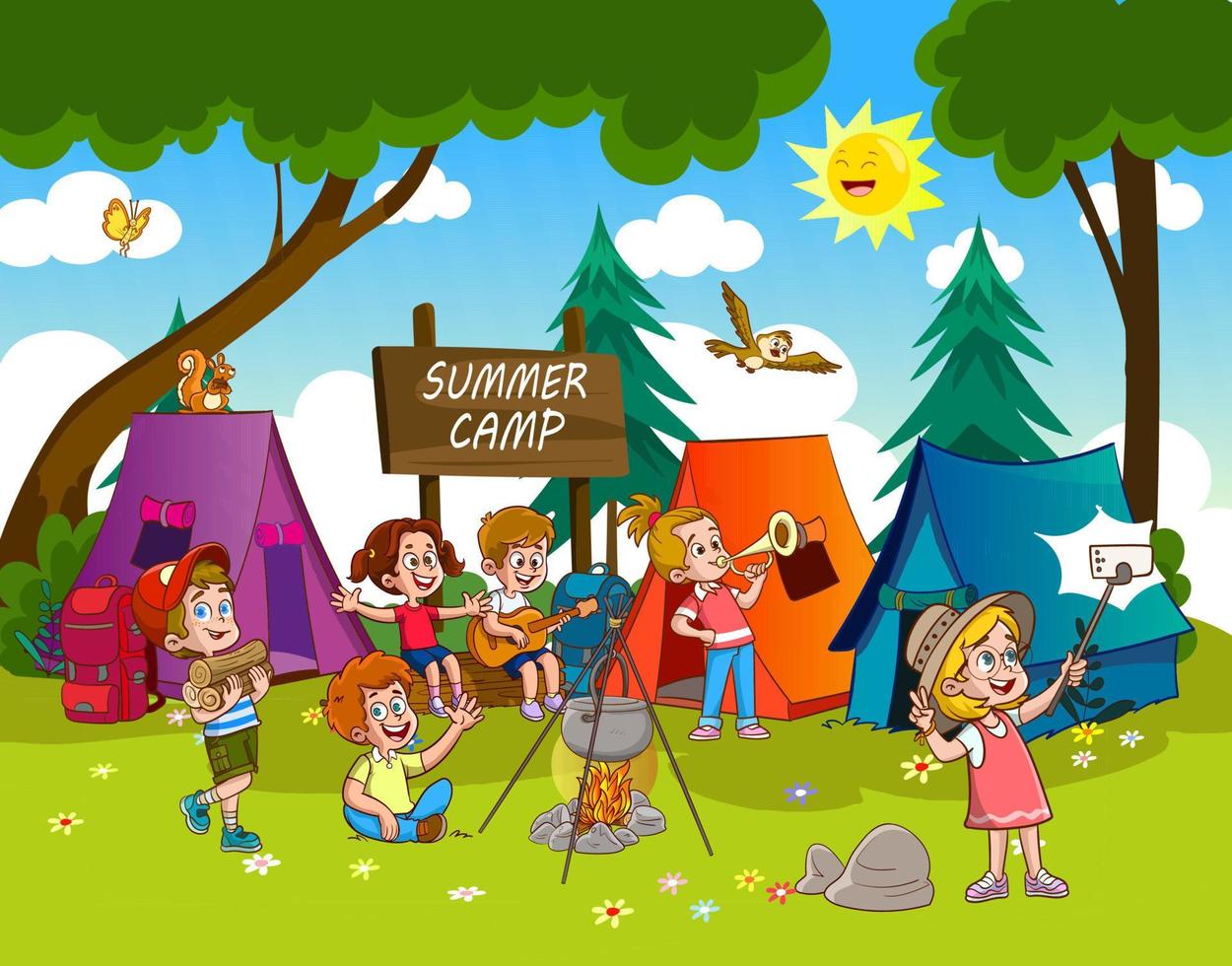 happy kids by bonfire in summer camp - kids taking camping selfie - vector illustration, eps