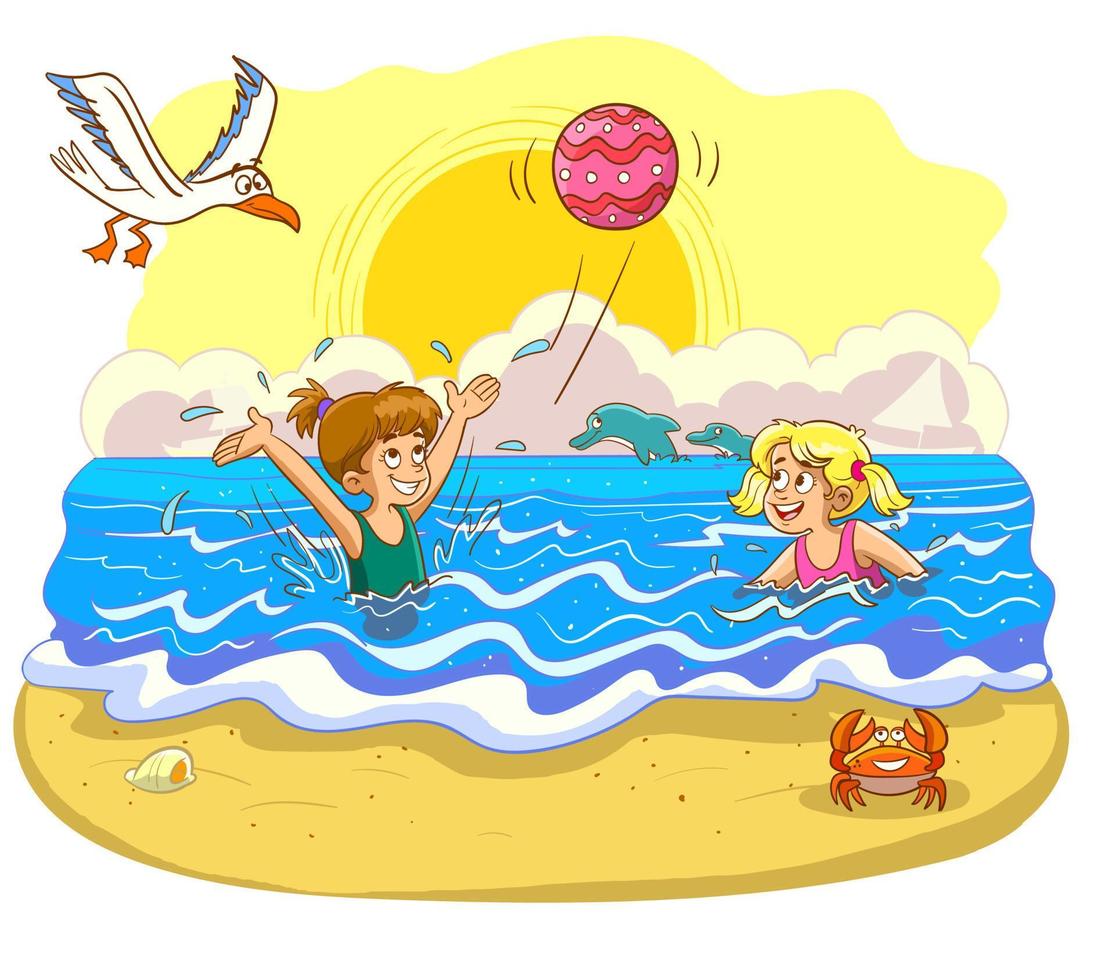 cheerful kids playing in the sea on sunny day vector