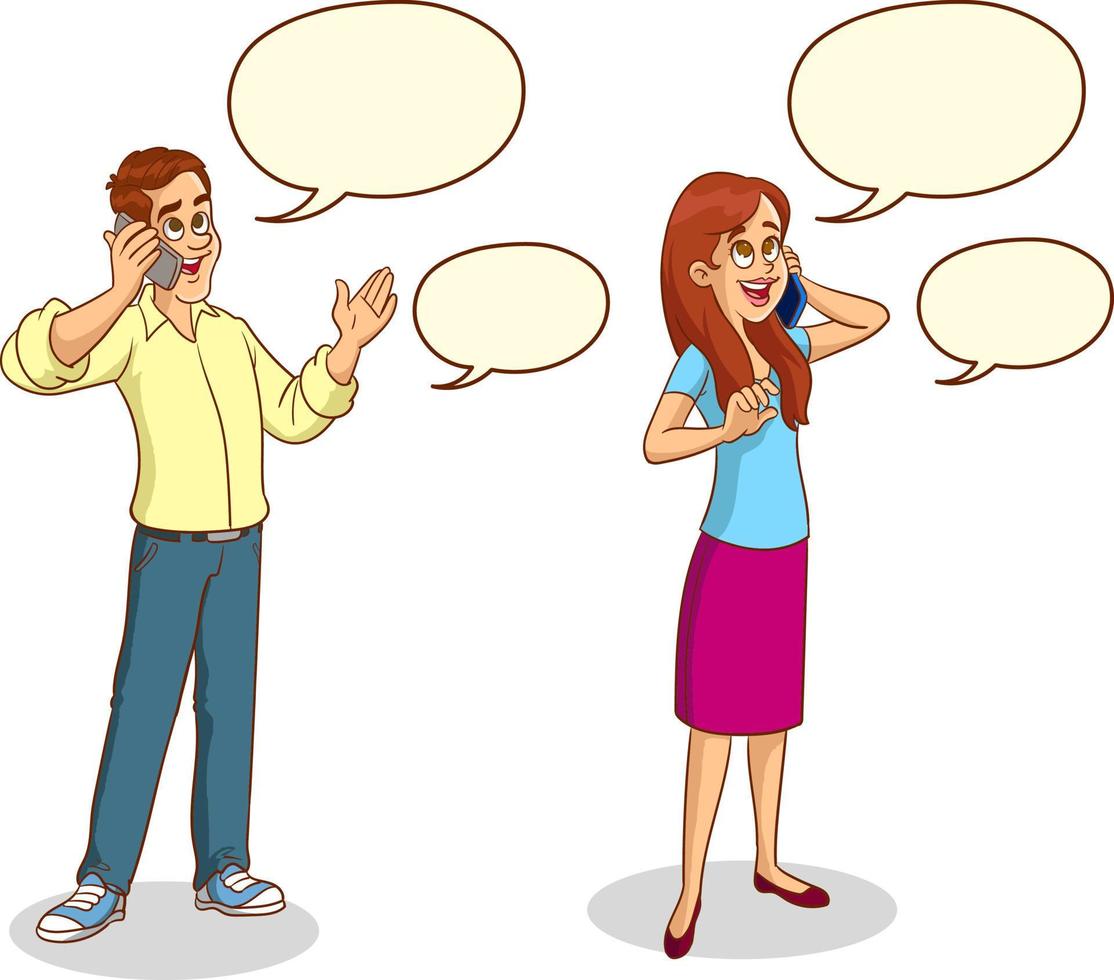 People talking phone. Men, women, teenagers calling by telephone. Flat communication and conversation with smartphone vector characters. Phone conversation and communication illustration