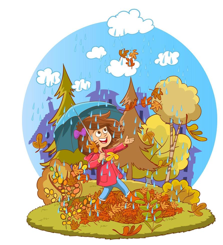 vector illustration of girl with umbrella walking in the rain in autumn