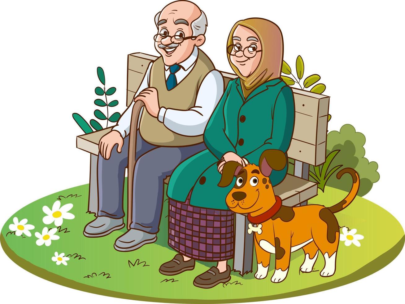 old couple sitting on bench vector illustration