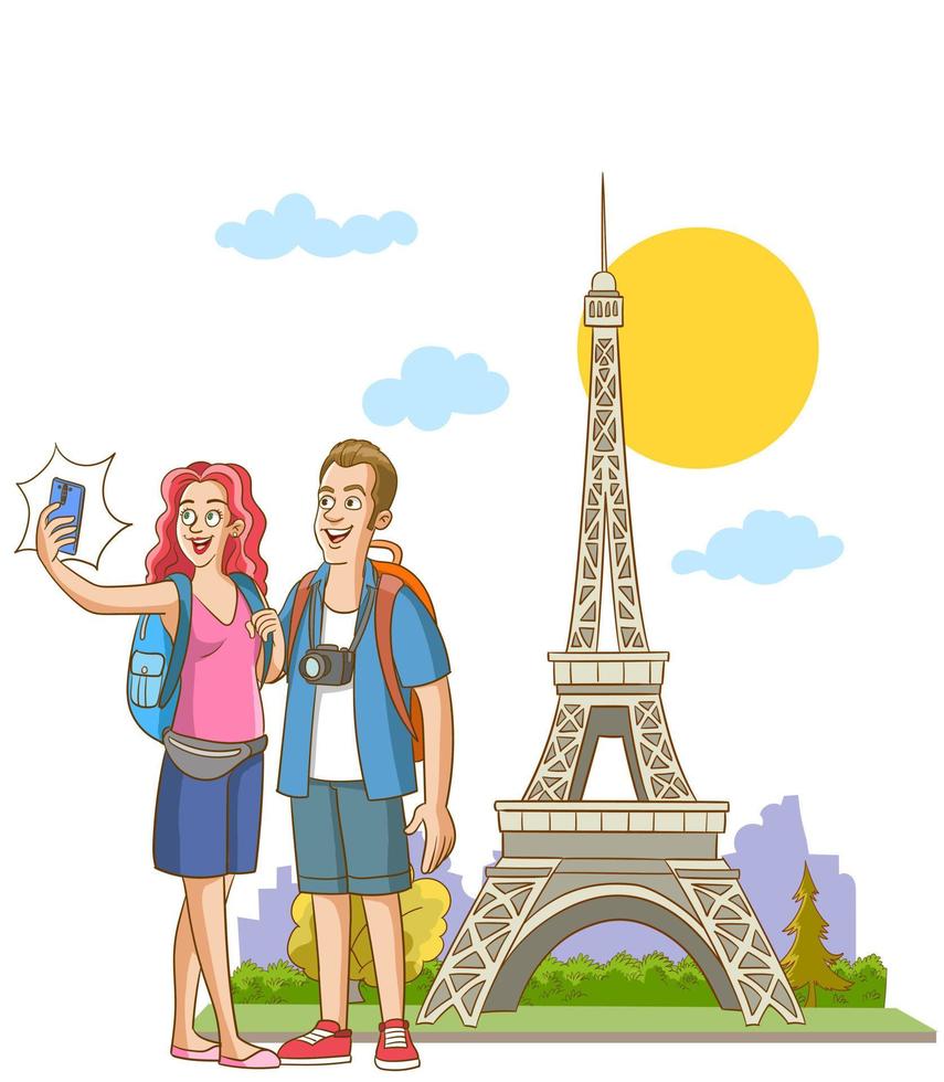 ilustración vectorial de una pareja joven tomando selfie en la torre eiffel vector