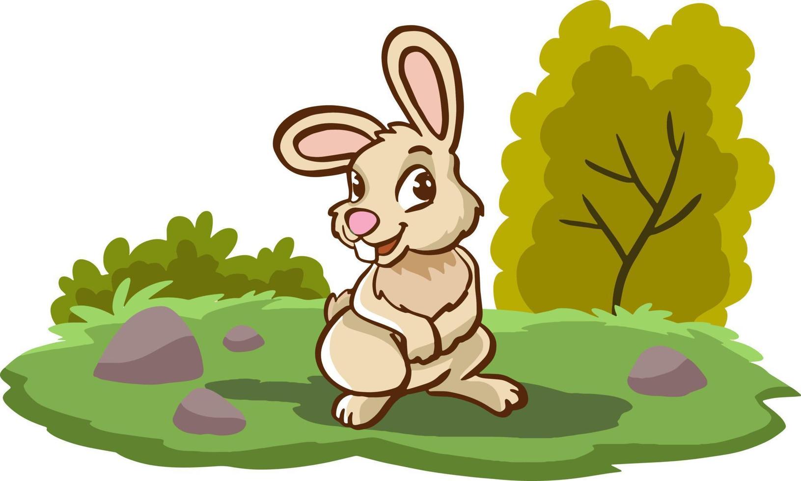 Cute little rabbit. Animal on glade in nature. Bunny sitting on background of blue sky and green grass. Design element for wallpaper, childrens clothes and toys. Cartoon flat vector illustration.