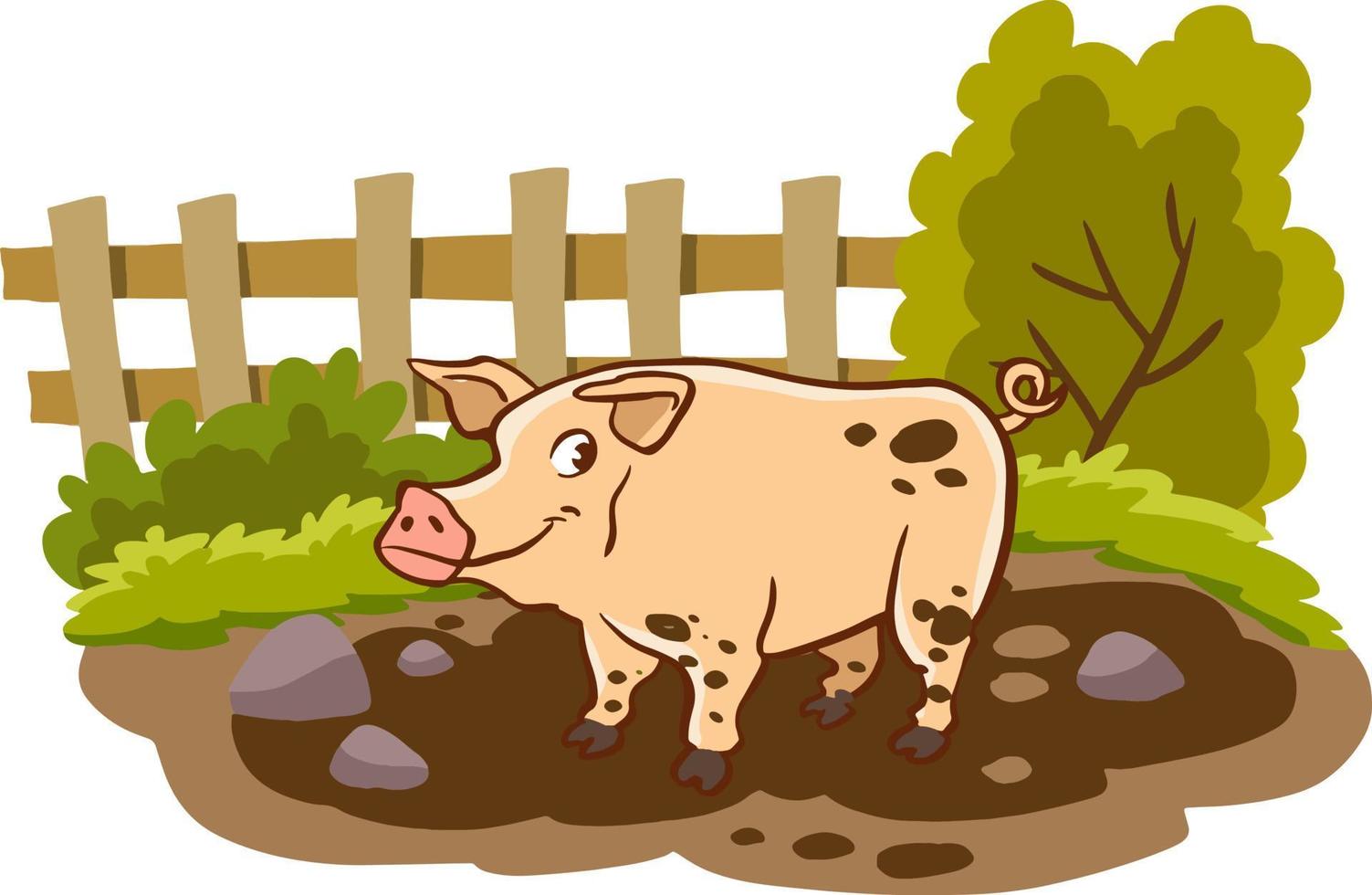 Cartoon pig play in a mud puddle vector