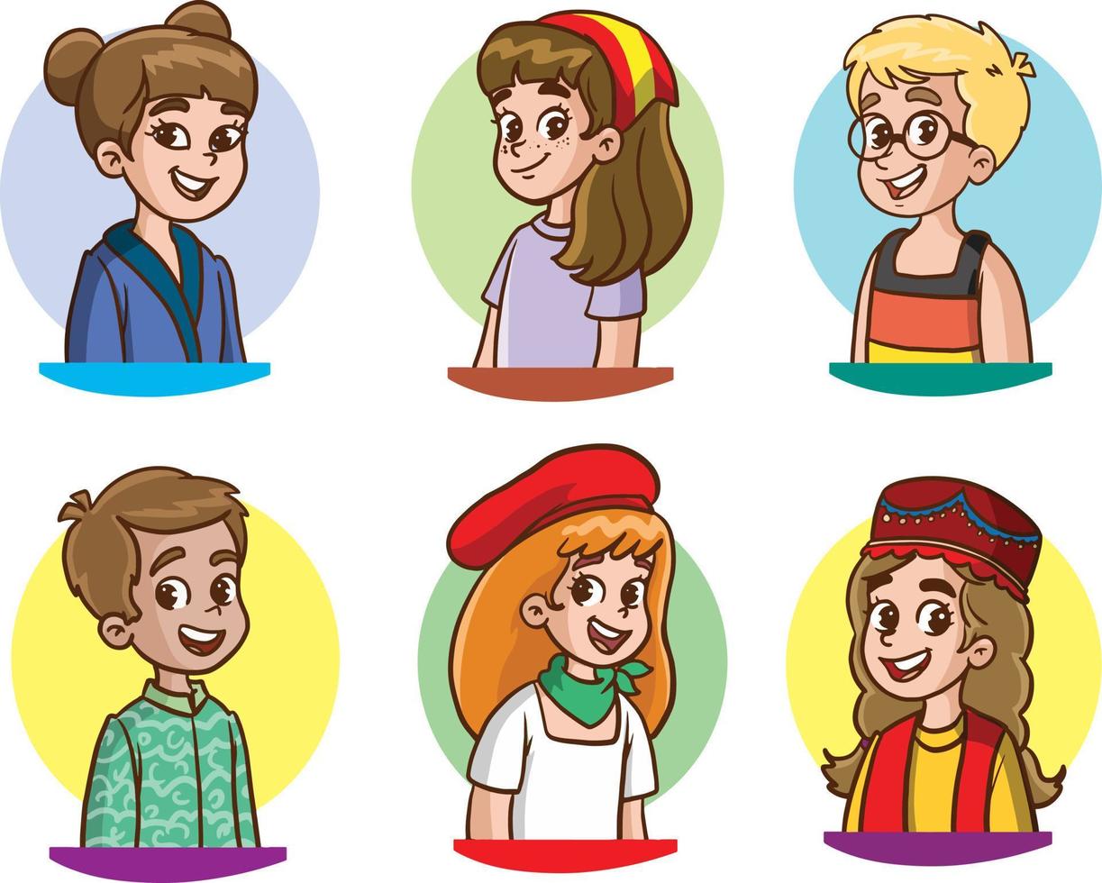 conjunto de retratos aislados de niños de dibujos animados felices - niños y niñas sonrientes de diferentes países vector