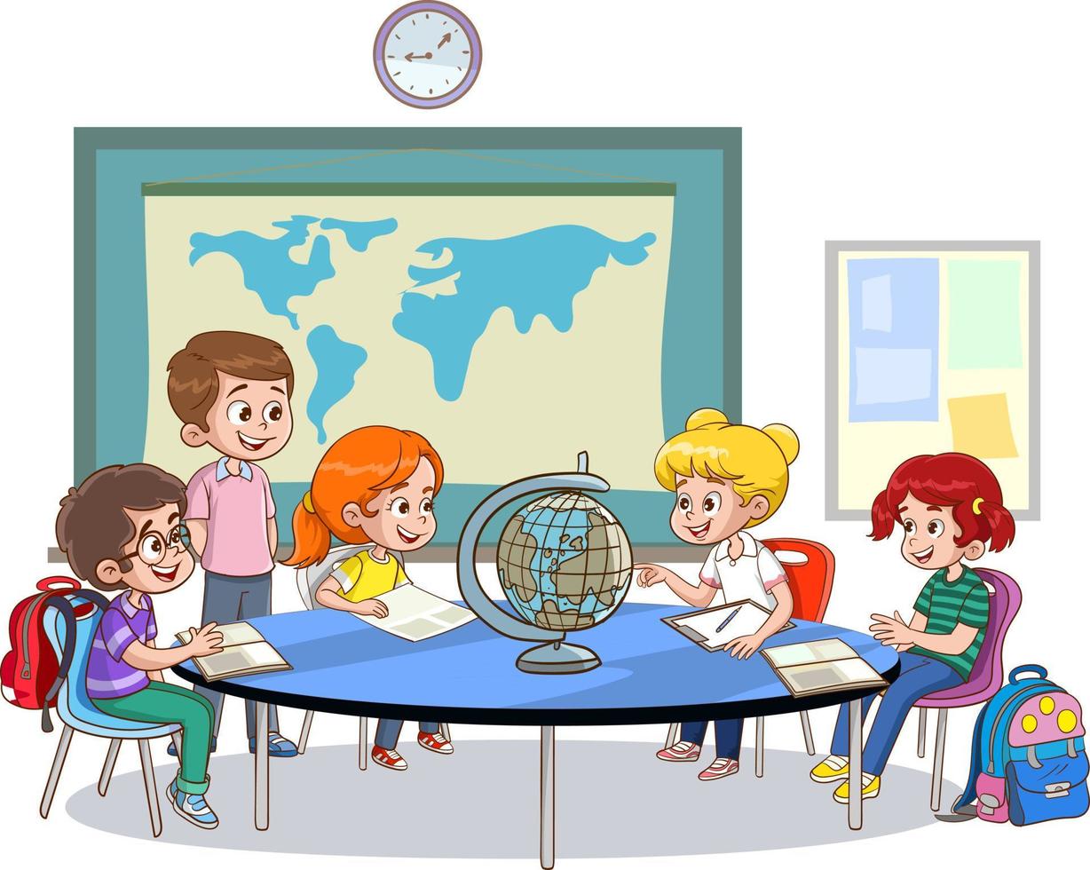 grupo de niños sentados en el escritorio y estudiando la lección de geografía juntos. ilustración vectorial de dibujos animados. vector