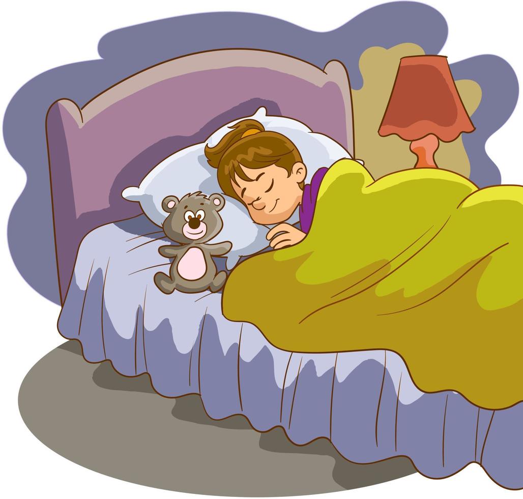 sleeping little girl and her teddy bear vector illustration