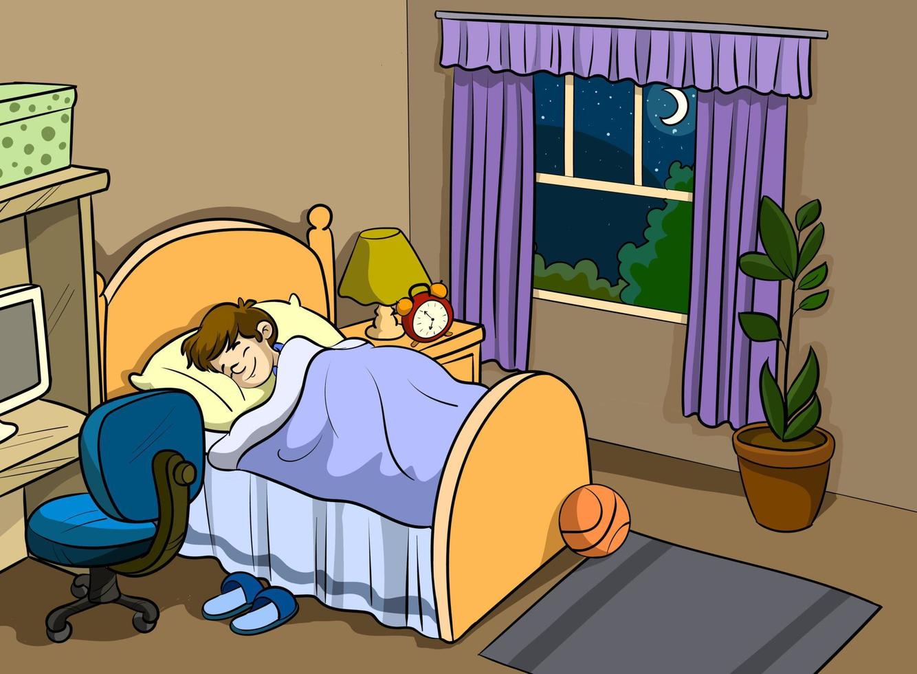 Boy sleeping in bed. Bedroom with a window at night. Sweet dreams. Vector illustration