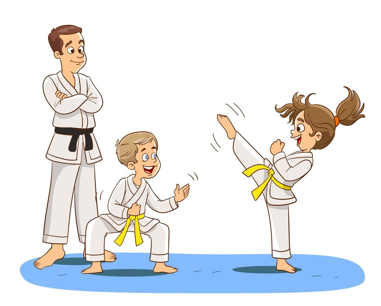 niños de dibujos animados entrenando artes marciales en uniforme de kimono. ilustración de personajes de karate o taekwondo. vector