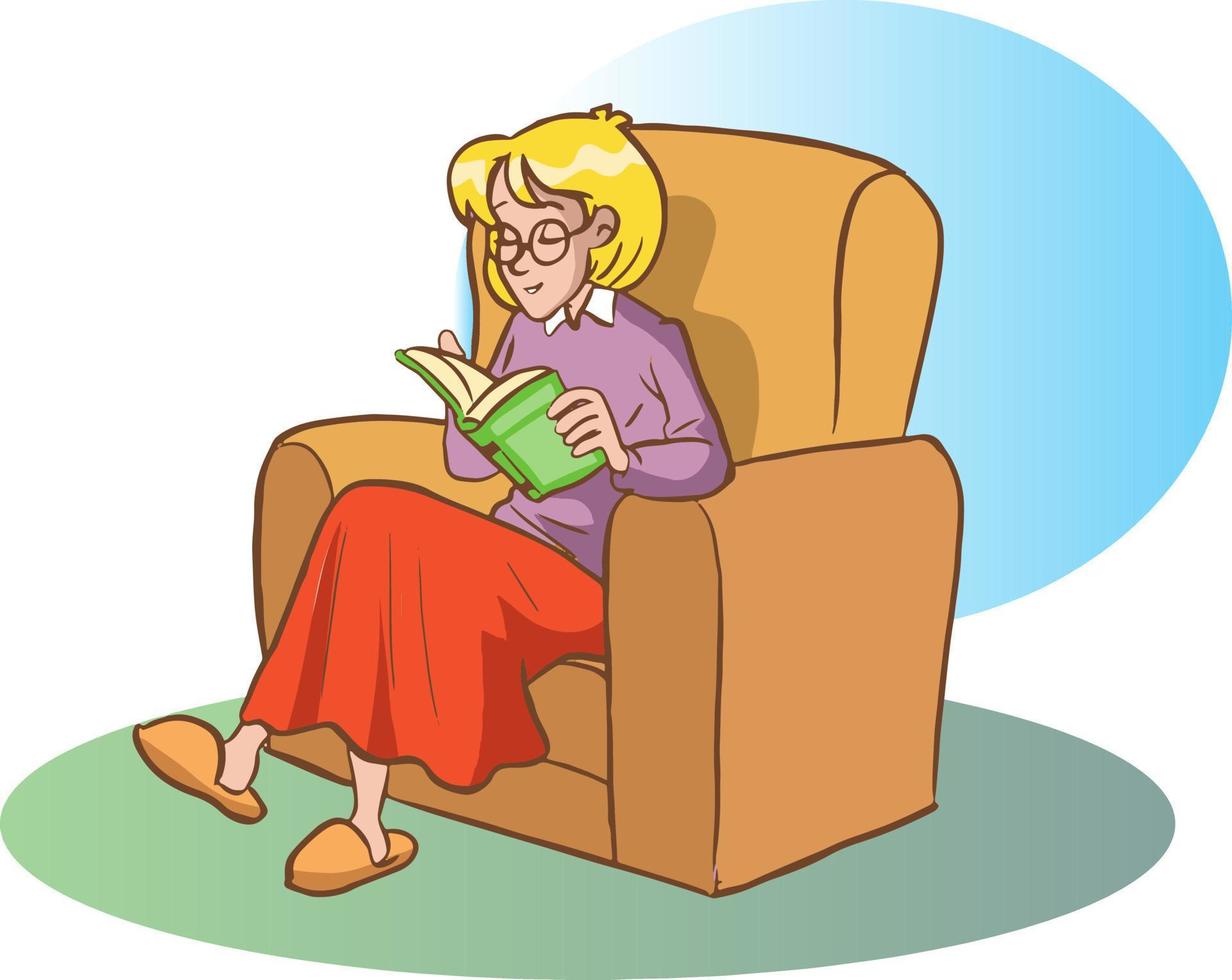 vector illustration of woman reading her book while sitting on sofa