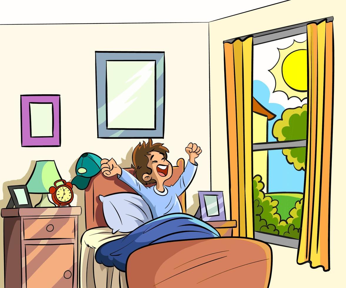 A Little boy sleeping on tonight dreams and he wake up in the morning.Vector illustration, kid waking up in the morning, cartoon concept. vector