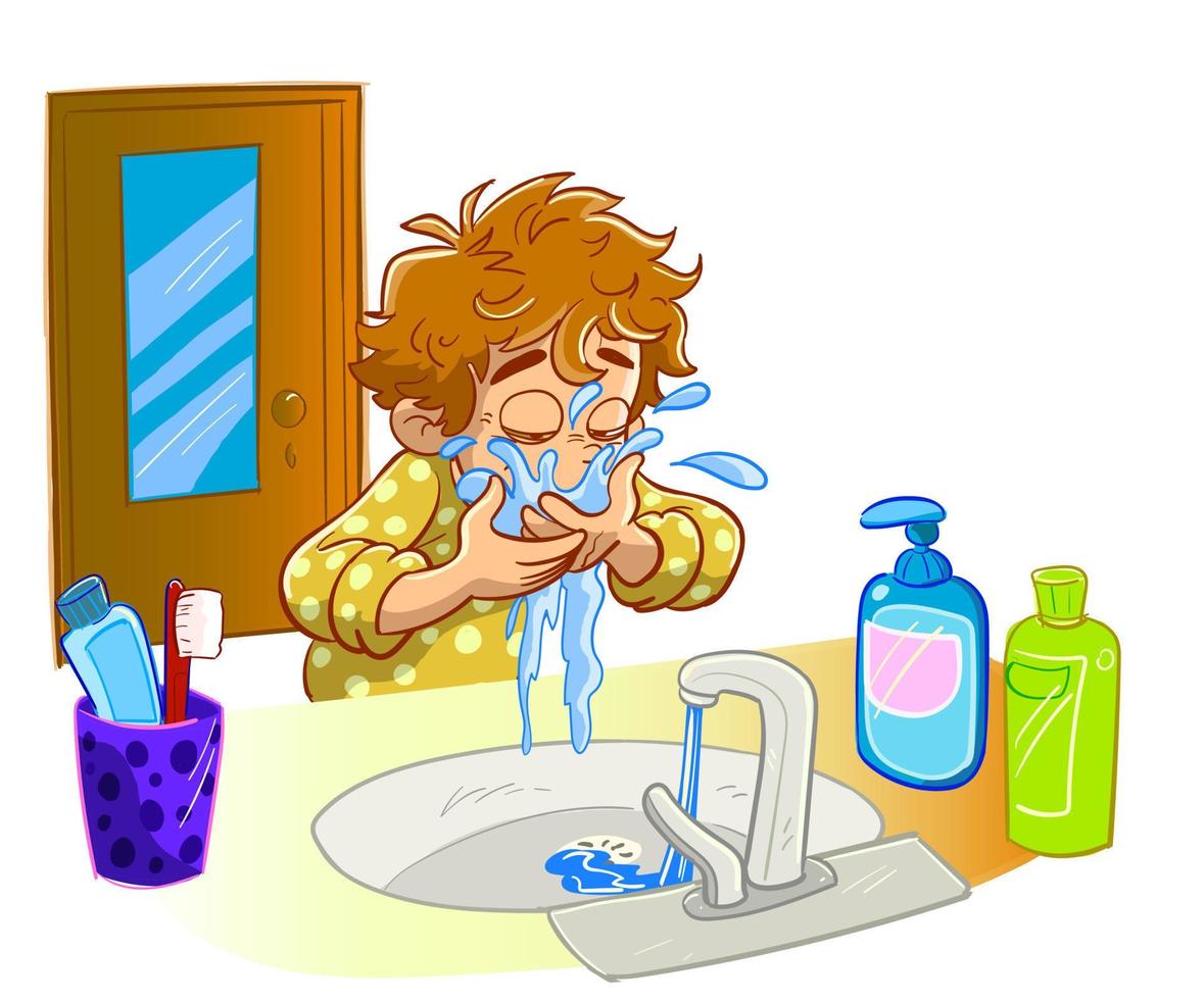 Vector illustration of a little boy washes his hands with water from a tap. Print, template, design element