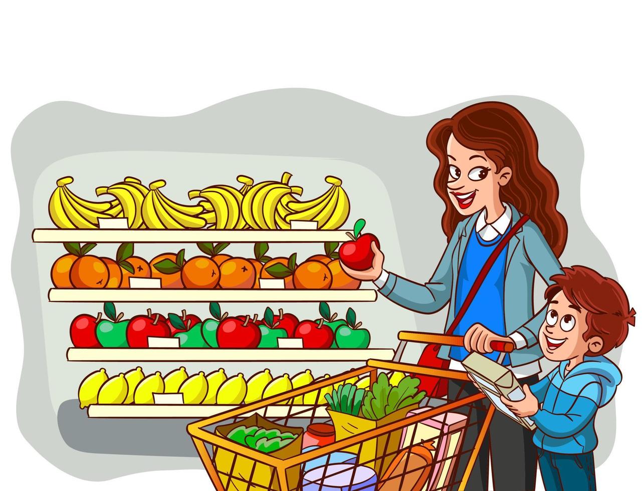 compras familiares. madre e hijo comprando comestibles. compras para la ilustración de vector de cocina.