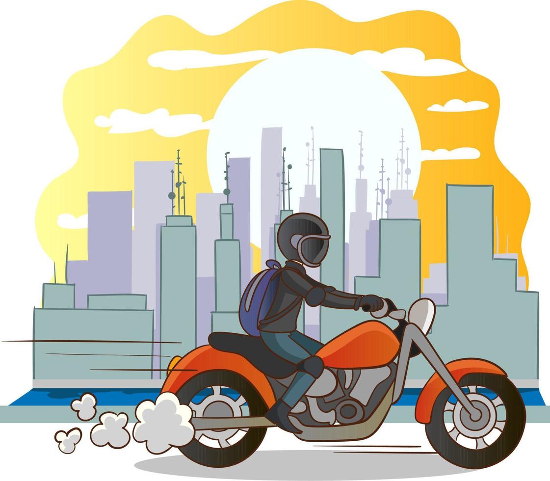 ilustración vectorial de un joven montando motocicleta en la ciudad vector