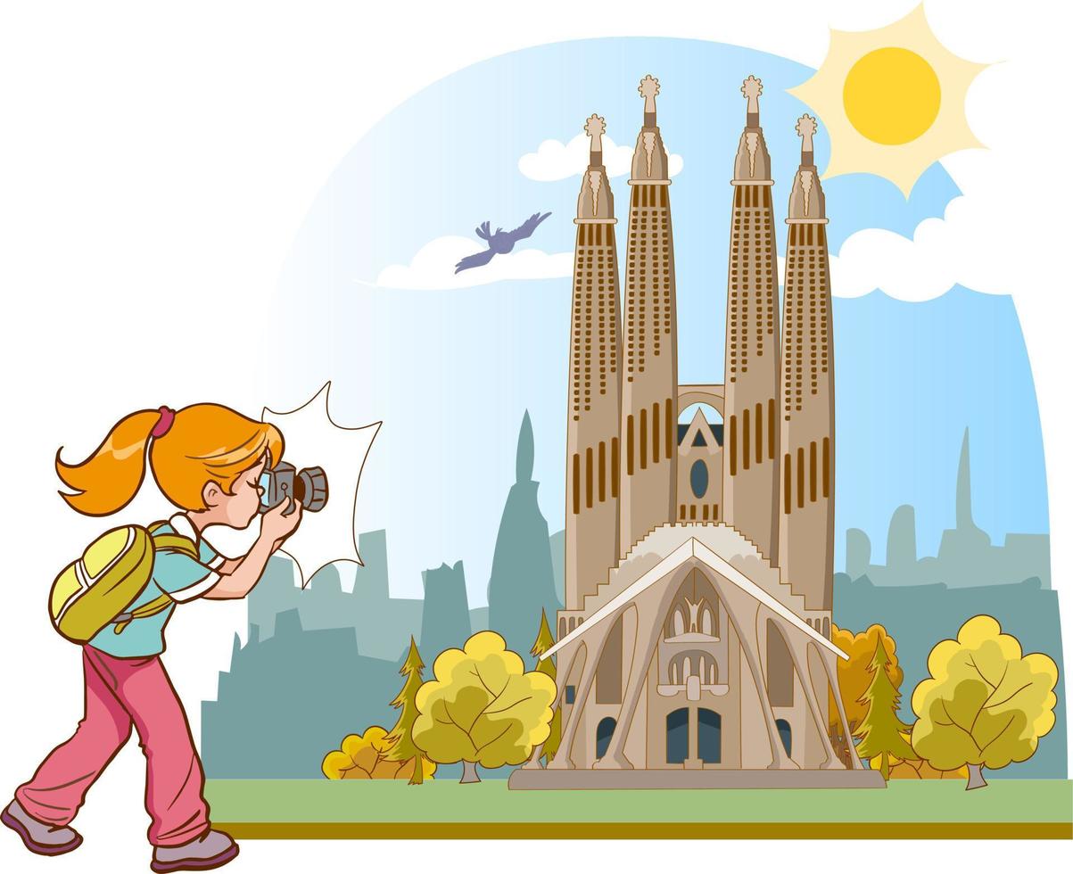 chica fotógrafa toma una foto de la sagrada familia vector