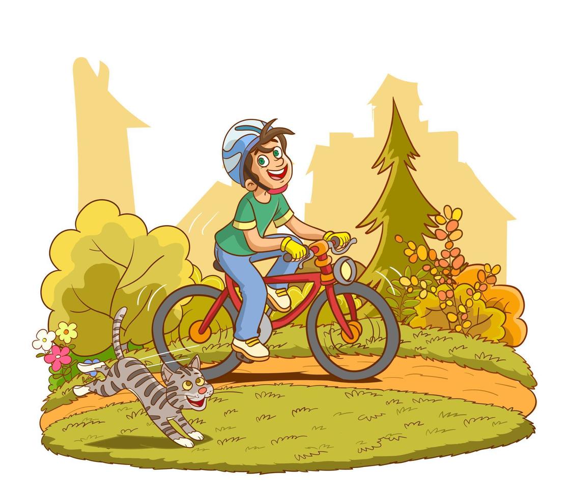 Little Boy a bicycle on green pasture. Child cycling outdoors in helmet. Posture kid riding bikes in nature. cartoon riding bicycle on path. Vector illustration isolated