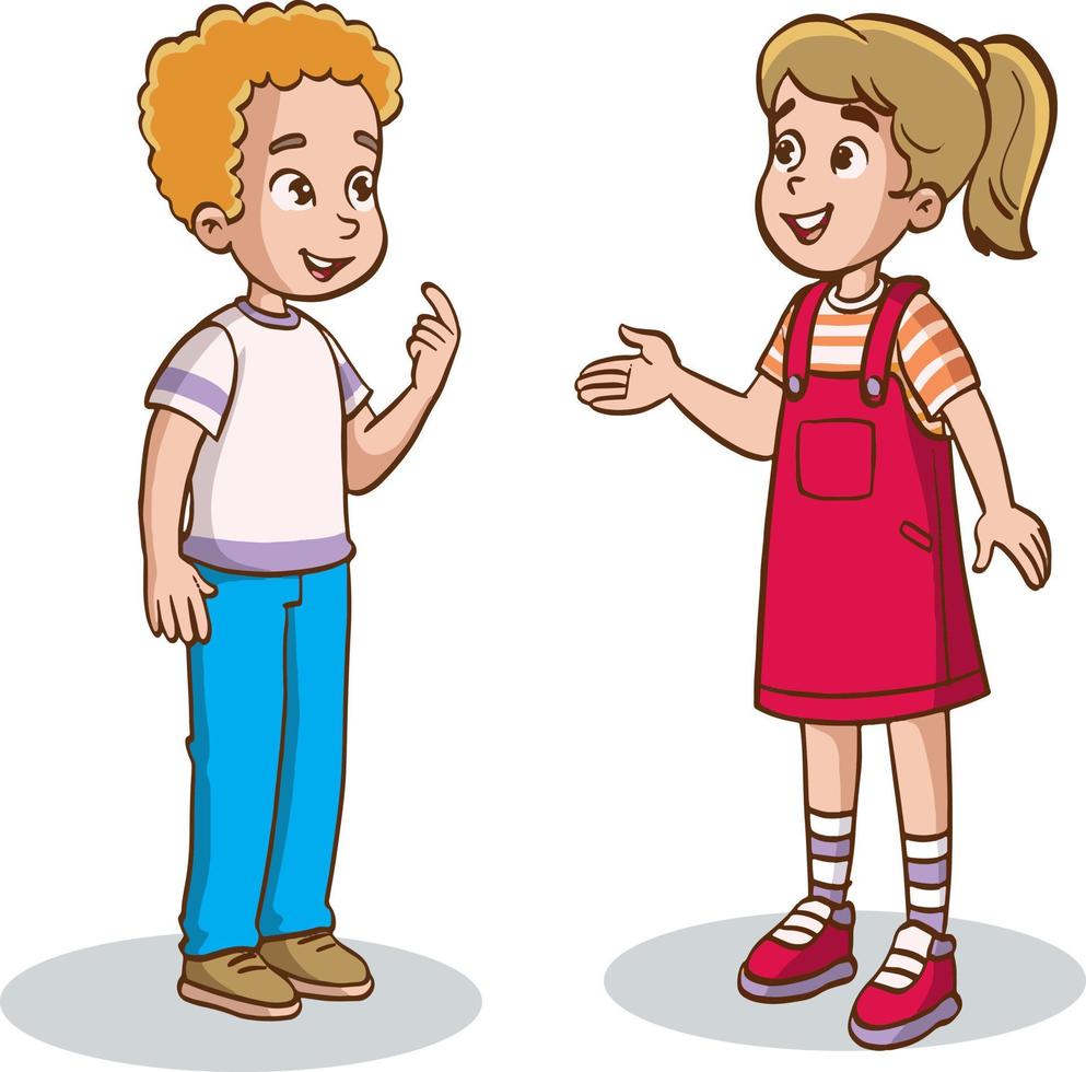 Two school children talking vector. Full-length characters. Boy and girl kids. Illustration funny clipart set vector