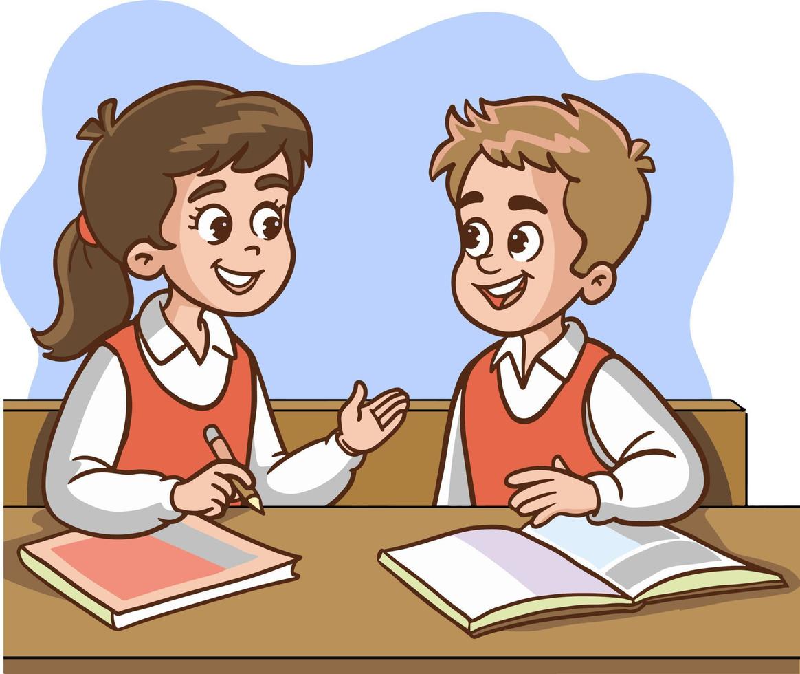 vector illustration of boy and girl student talking in class