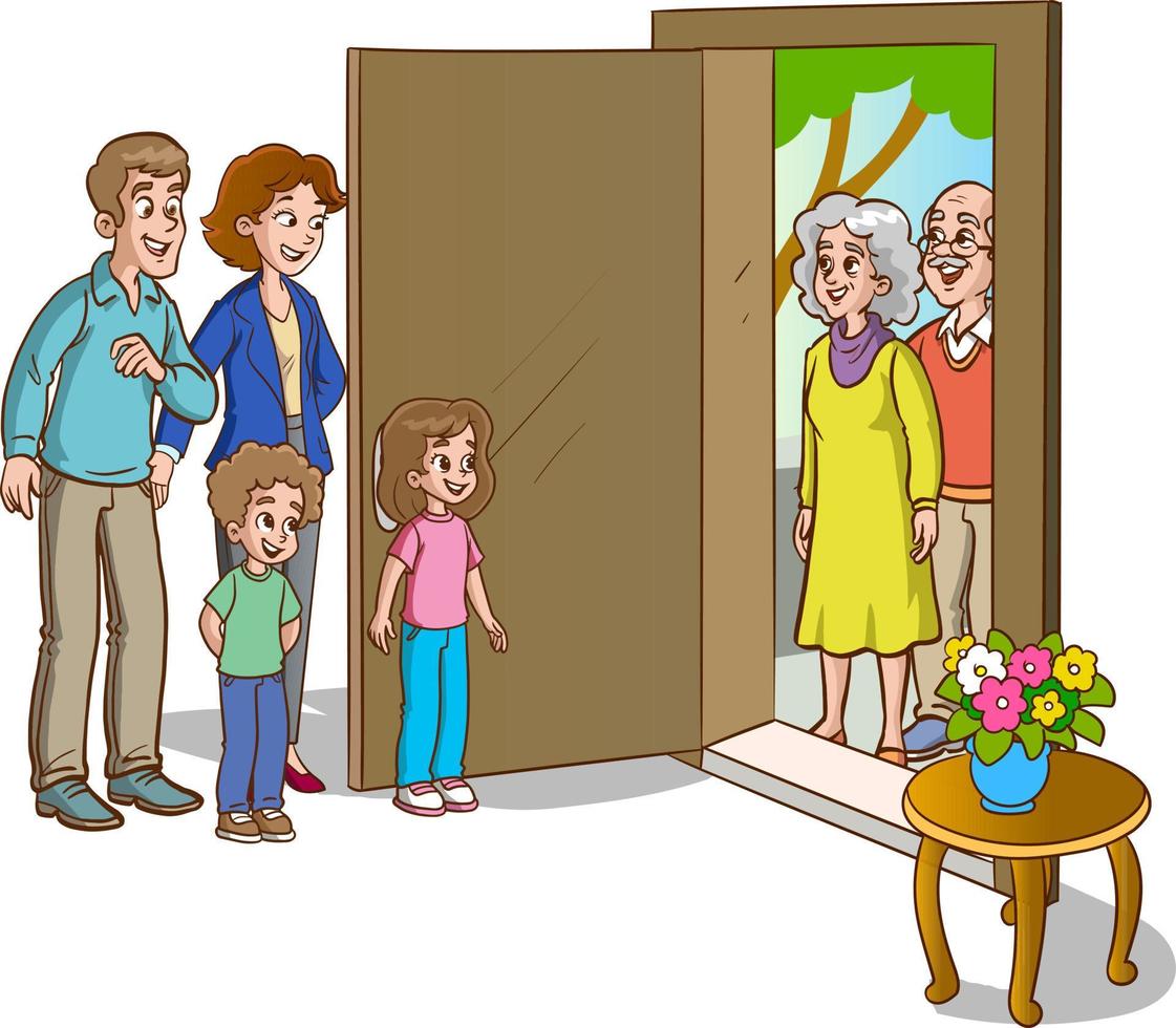 family welcoming guests at the door vector