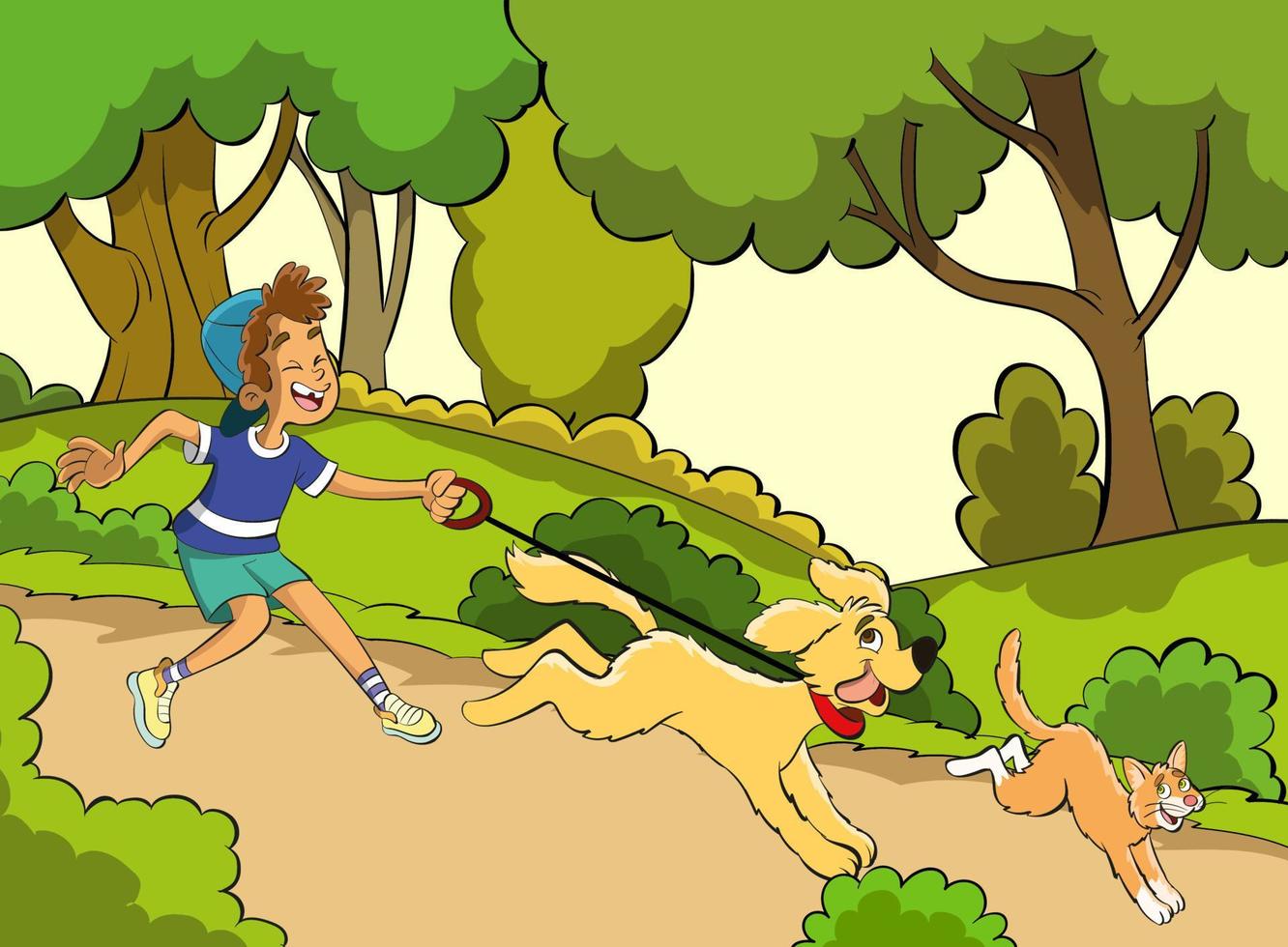 walking the dog and cat in the park.summer time. vector illistration.