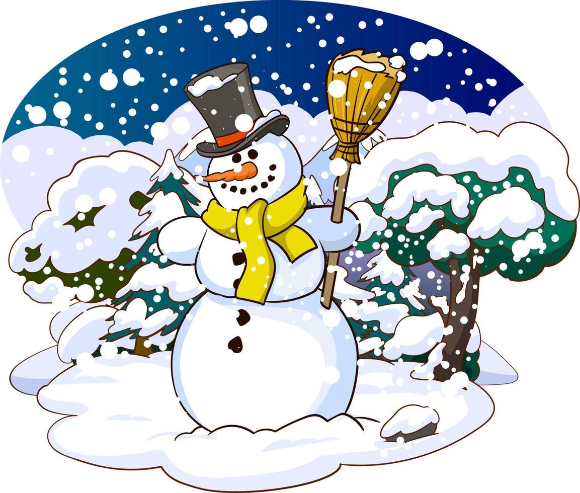 Snowman with hat and scarf isolated on snowy winter landscape. Vector illustration.