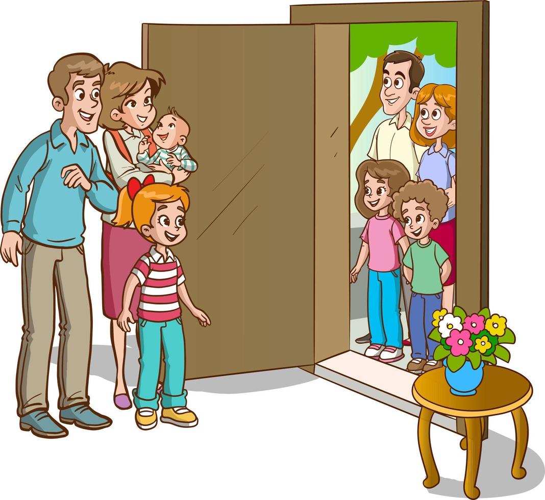 family welcoming guests at the door vector