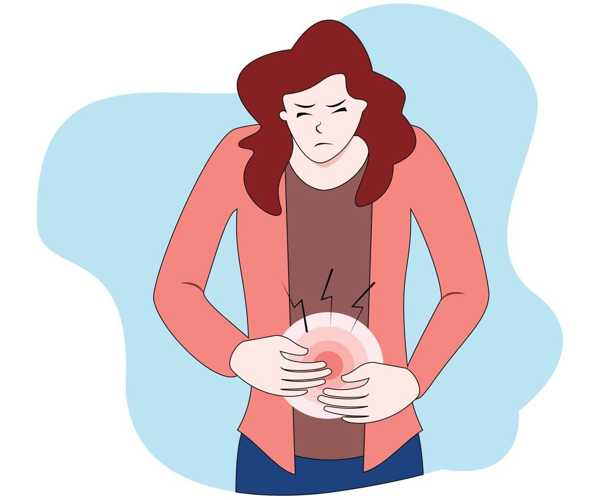 stomach ache vector illustration. woman holding belly