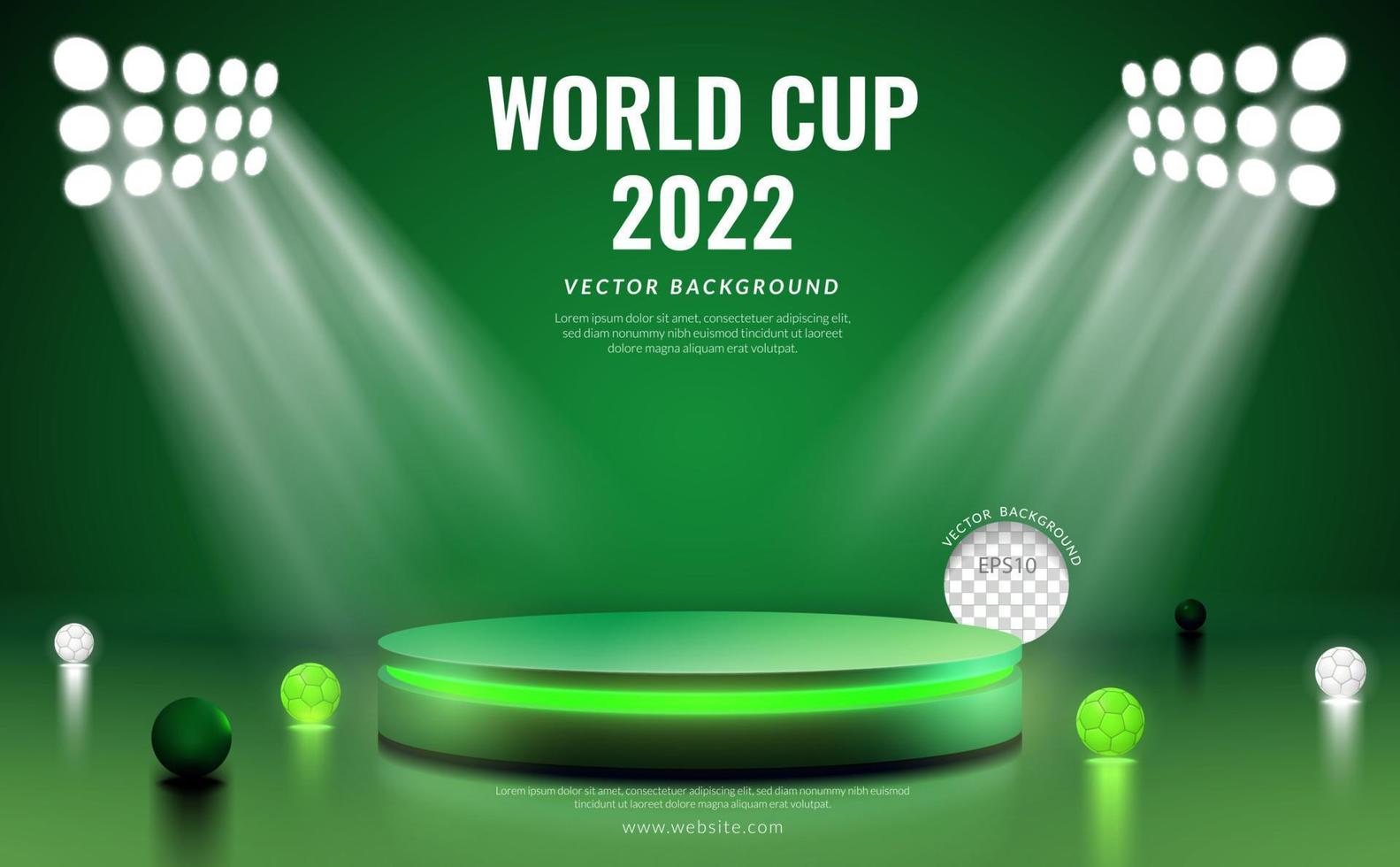 concepto de exhibición de productos de la copa mundial 2022, neón de podio verde con brillo de bola sobre fondo verde, ilustración vectorial vector