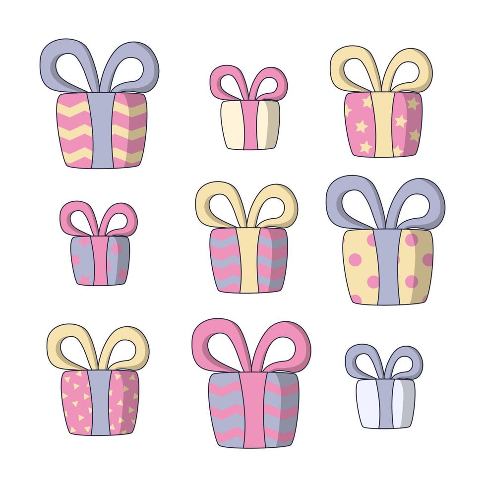 Christmas presents of various size and color. Vector illustration in cute cartoon style