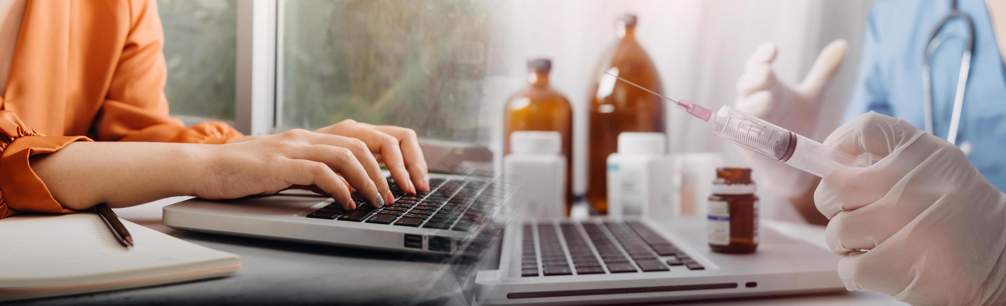 Medicine doctor hand working on a patients x-ray scans digital healthcare and connection with modern virtual screen interface icons, Medical technology and network concept. photo