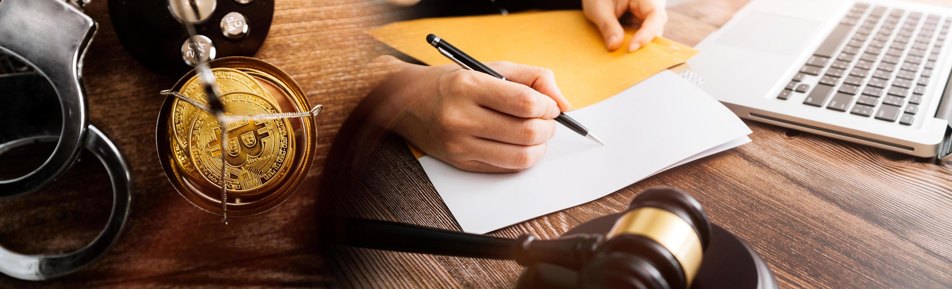 Business and lawyers discussing contract papers with brass scale on desk in office. Law, legal services, advice, justice and law concept picture with film grain effect photo
