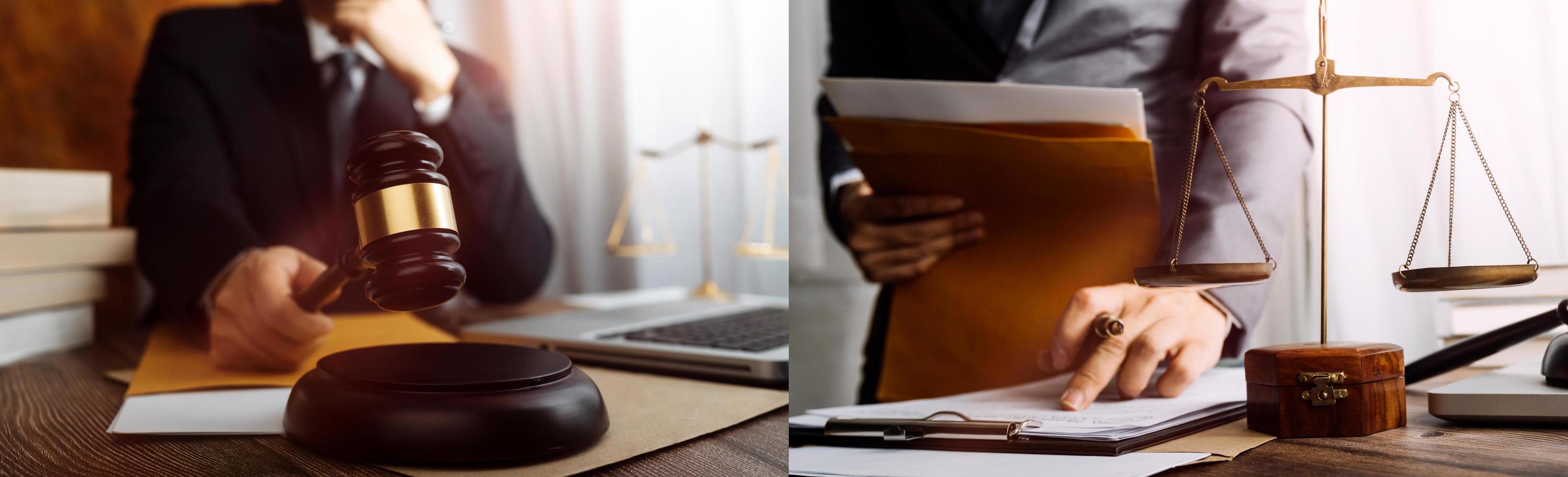 Business and lawyers discussing contract papers with brass scale on desk in office. Law, legal services, advice, justice and law concept picture with film grain effect photo