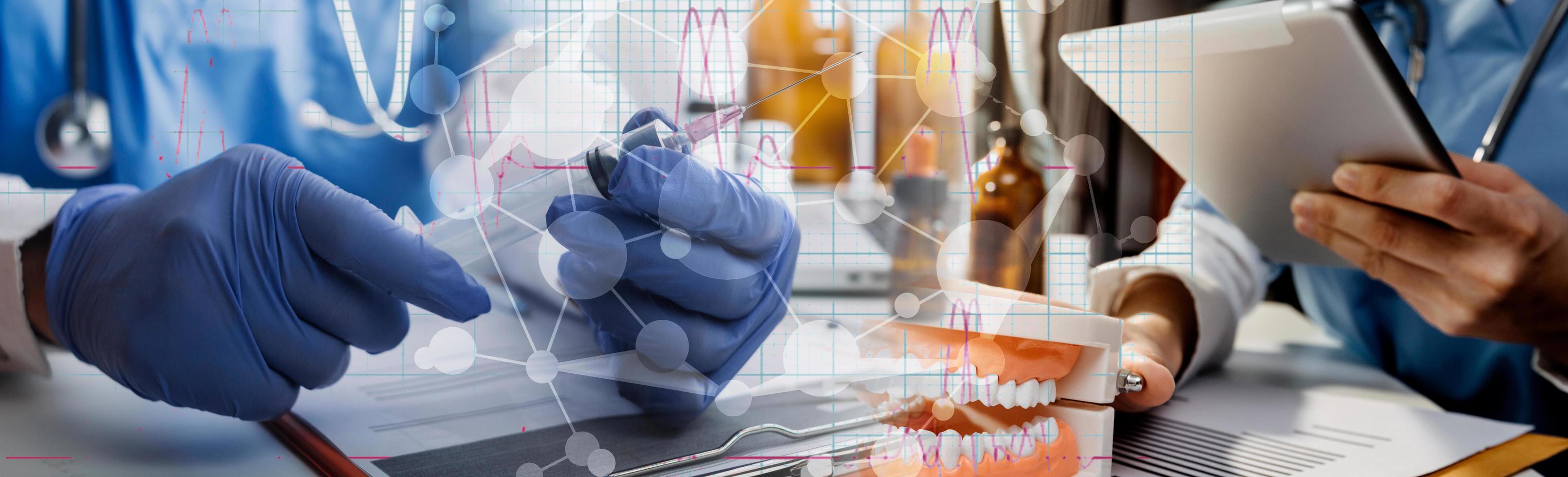 Medicine doctor hand working on a patients x-ray scans digital healthcare and connection with modern virtual screen interface icons, Medical technology and network concept. photo