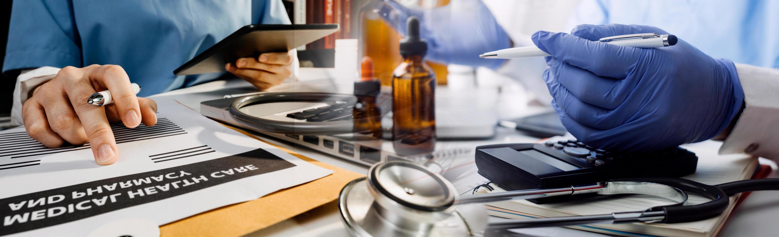 Medicine doctor hand working on a patients x-ray scans digital healthcare and connection with modern virtual screen interface icons, Medical technology and network concept. photo