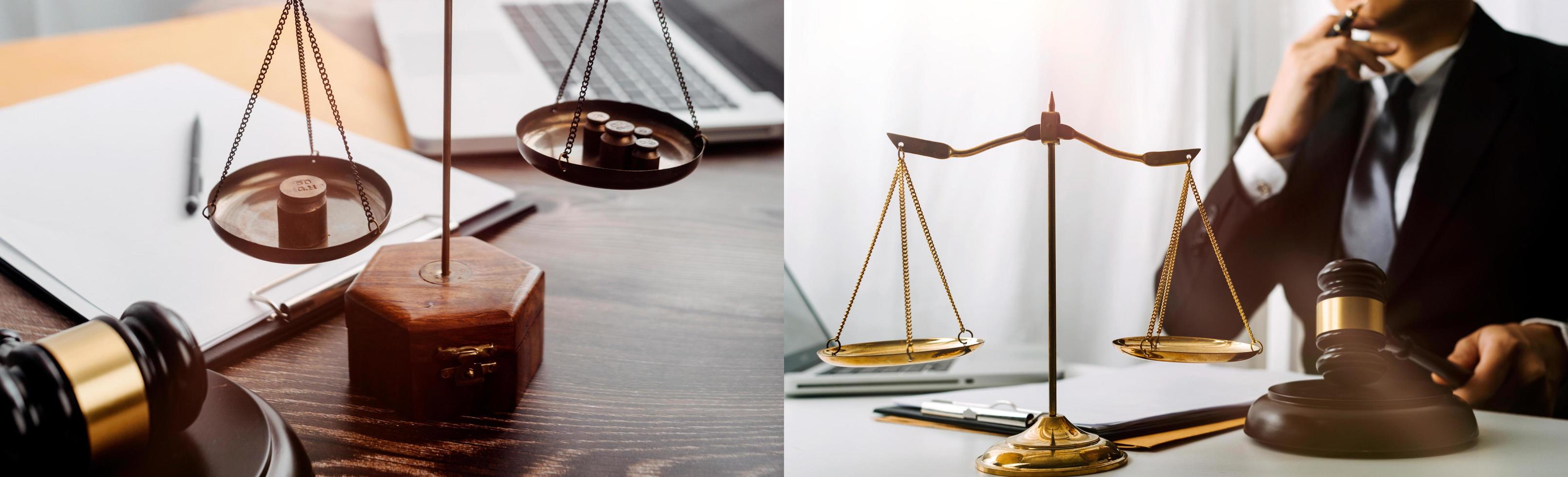 Business and lawyers discussing contract papers with brass scale on desk in office. Law, legal services, advice, justice and law concept picture with film grain effect photo