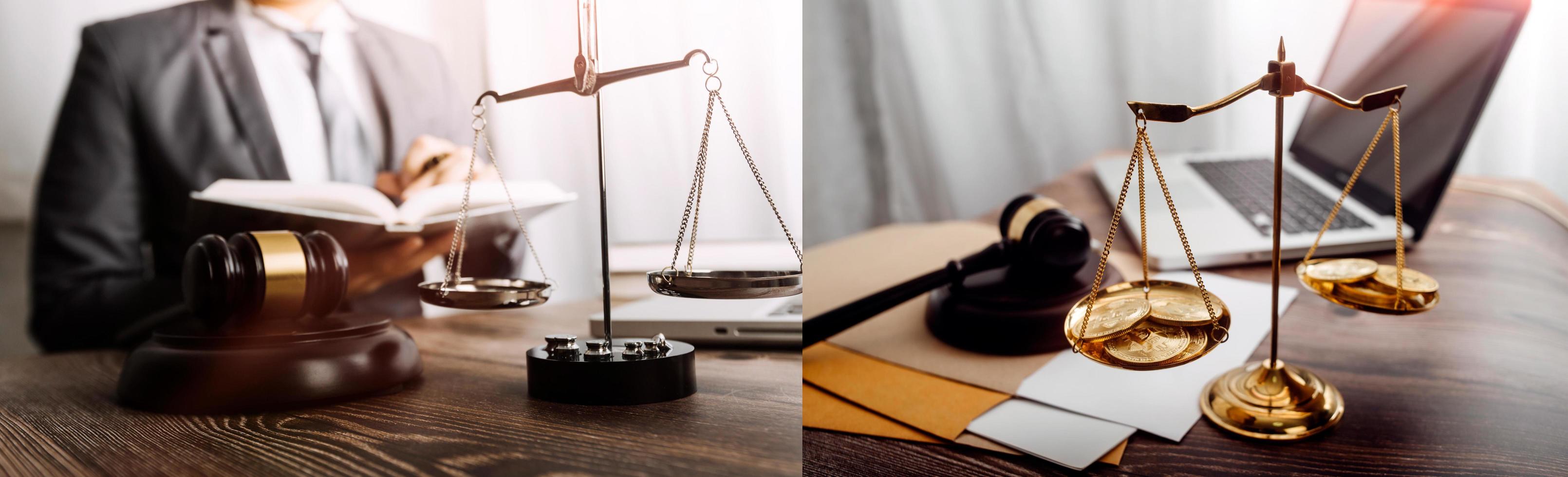 Justice and law concept.Male judge in a courtroom with the gavel, working with, computer and docking keyboard, eyeglasses, on table in morning light photo