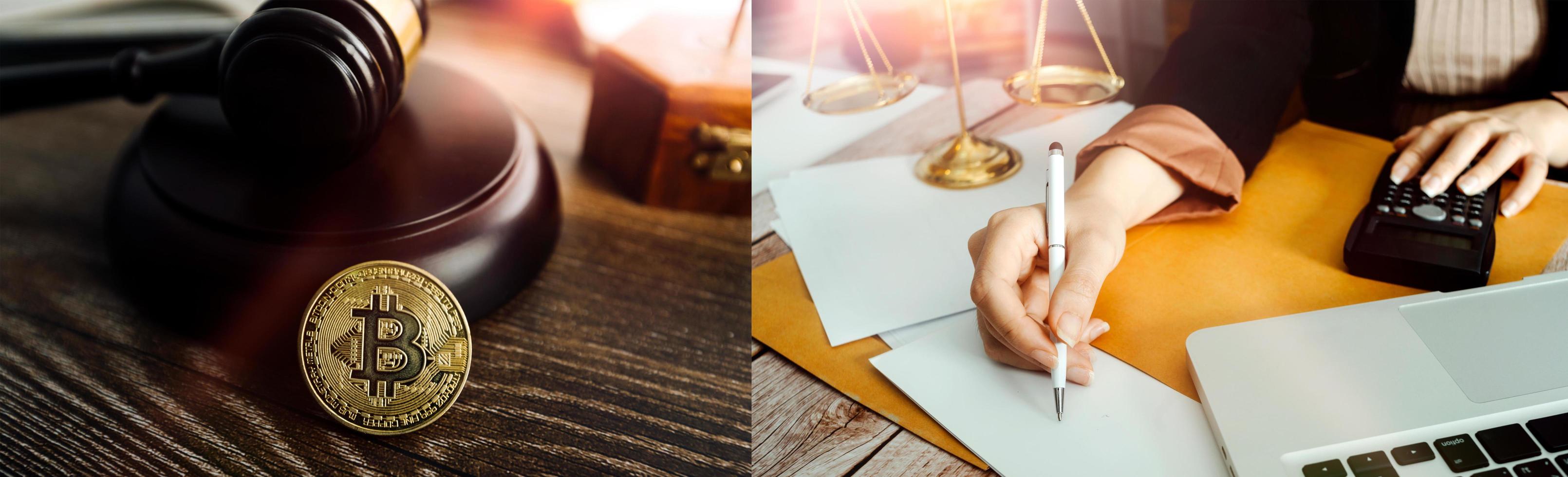 Justice and law concept.Male judge in a courtroom with the gavel, working with, computer and docking keyboard, eyeglasses, on table in morning light photo